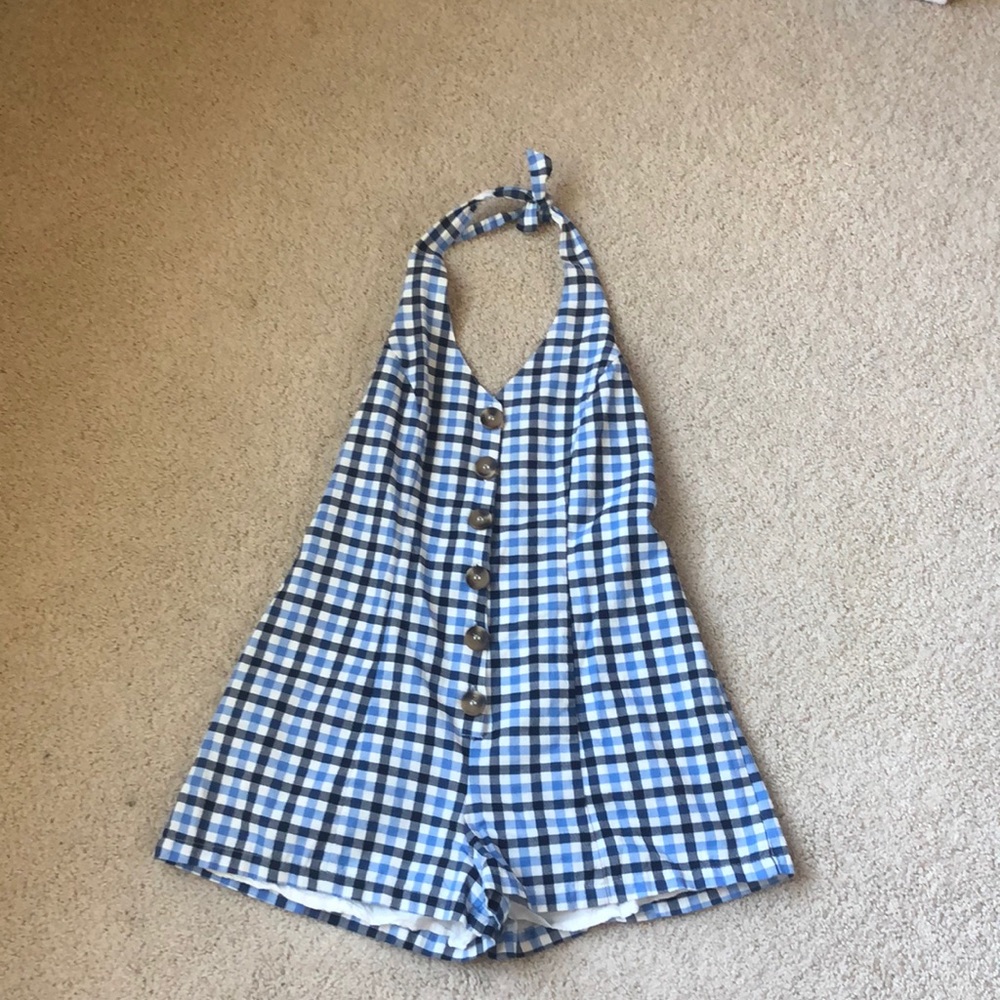 blue, open back, halter, button up romper